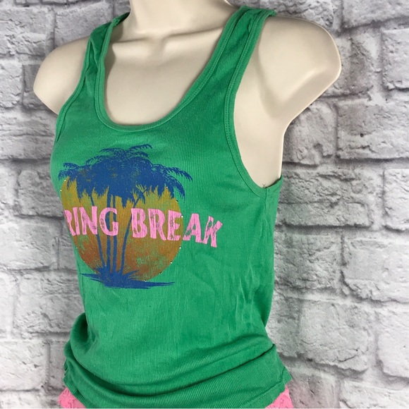 RARE PINK “Spring Break” Green Rhinestones Tank Vintage Discontinued PINK VS - Picture 2 of 6